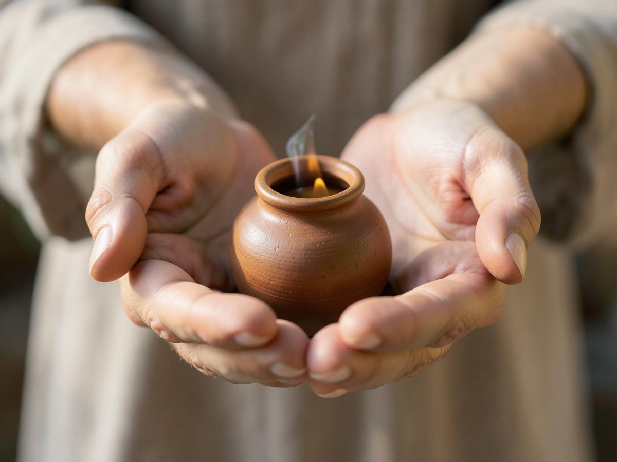 Cupped hands holding a small lit clay lamp
