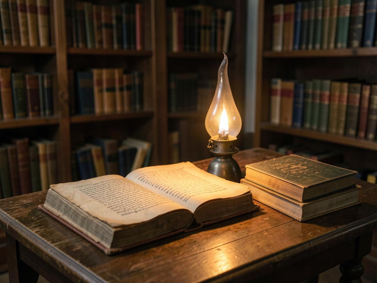 An open book beside a lit lamp in a quiet library