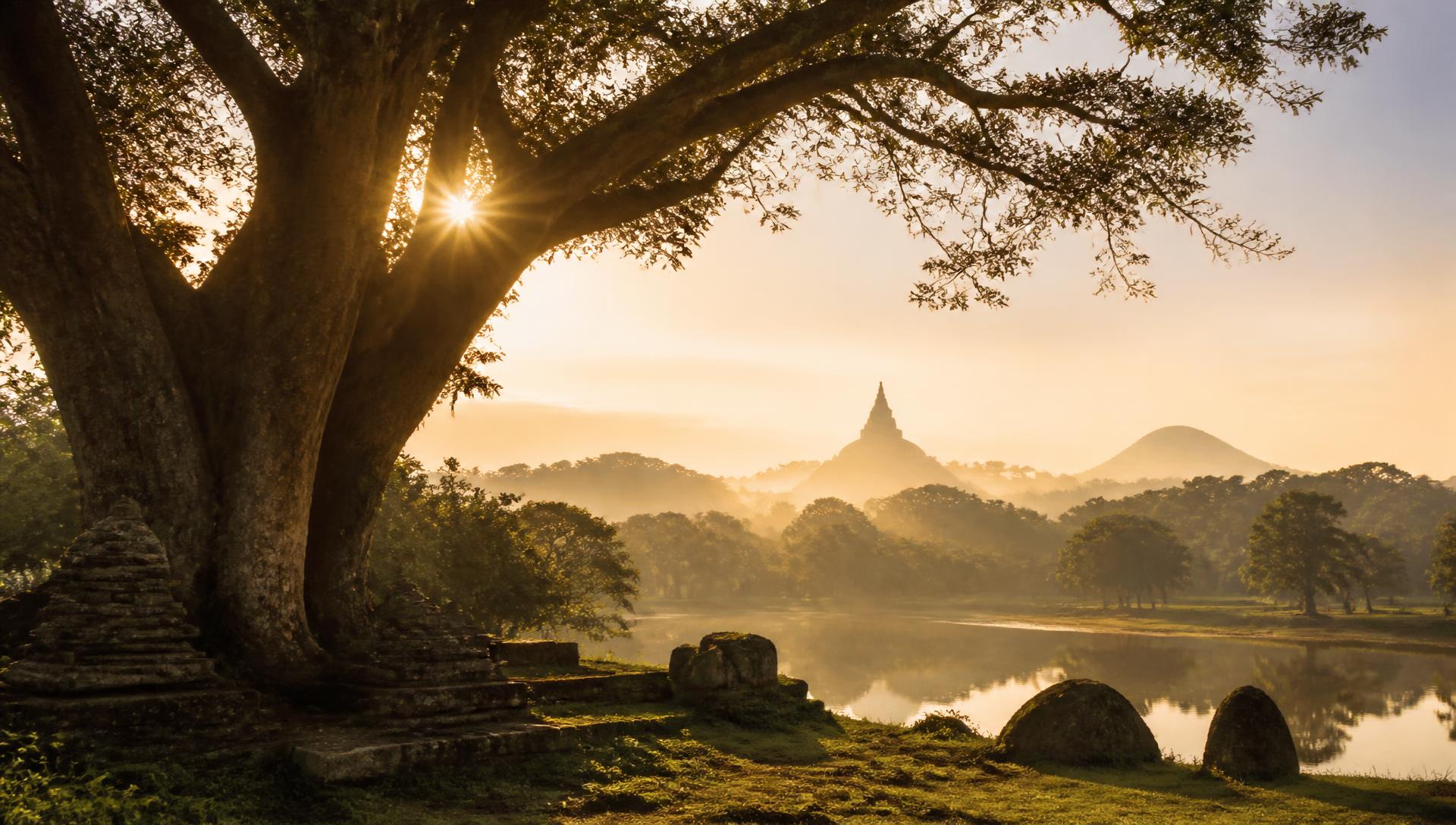 Morning light through an ancient tree beside still water, with a distant stupa silhouette