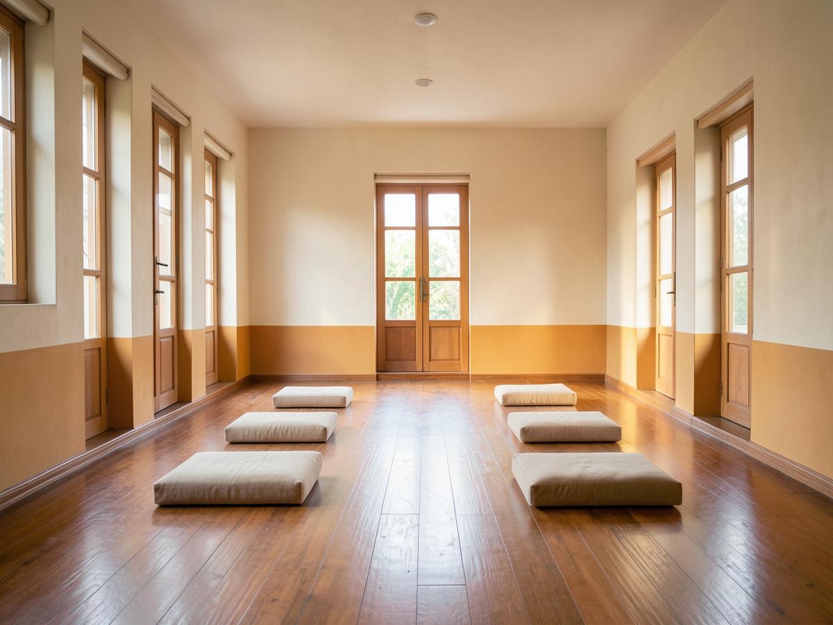 A quiet meditation hall with cushions and morning light