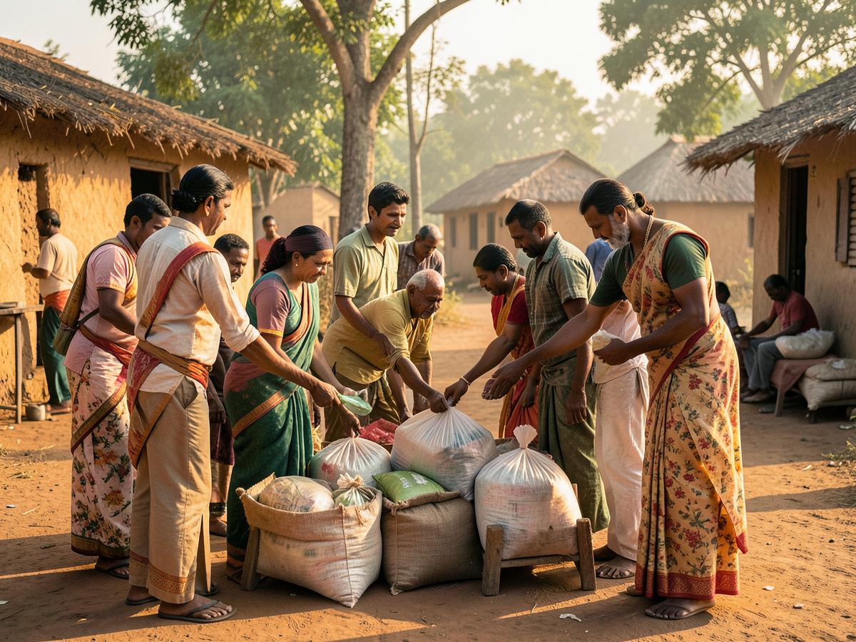 Volunteers distributing supplies in a village